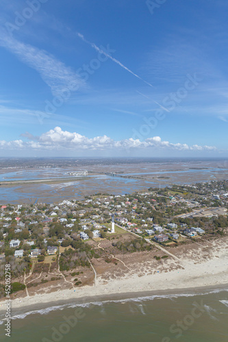 Sullivan's Island Lighthouse aerial shot. Narrows in the background of the landscape. photo