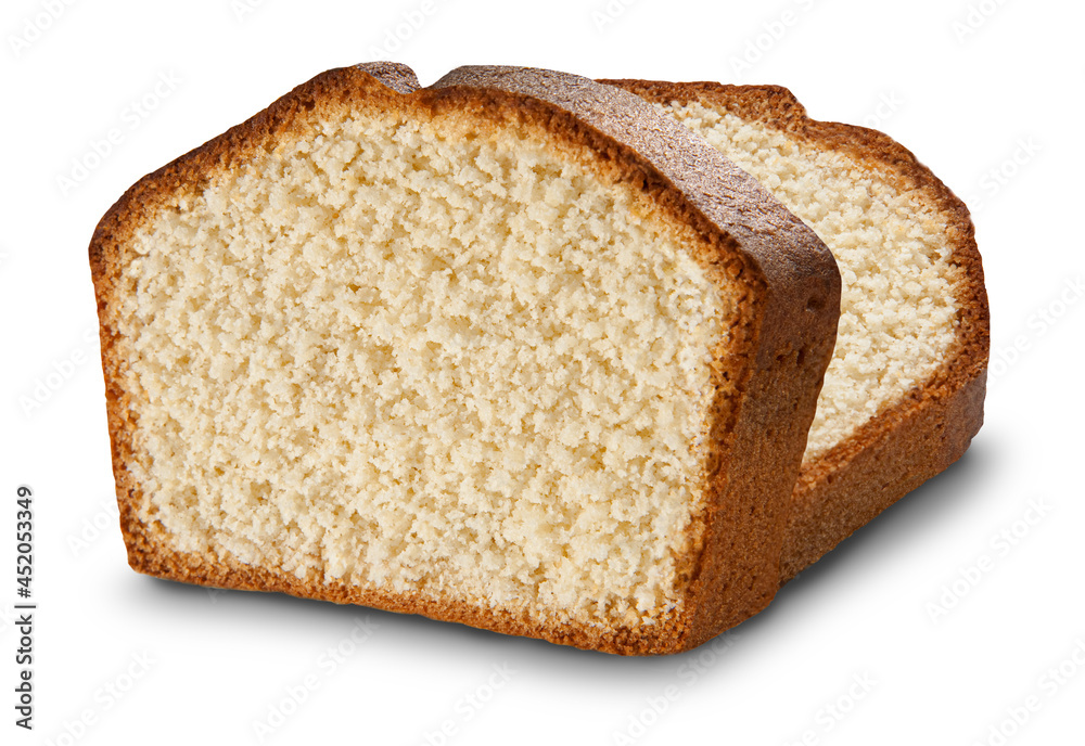 Bolo sabor baunilha, fatiado em fundo branco para recorte.