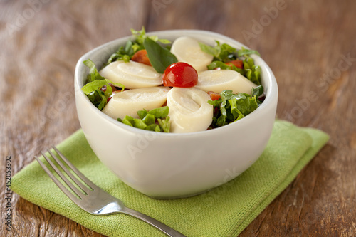 Salada de palmito com vegetais verdes picados em tomate cereja, em fundo de mesa sobre guardanapo.