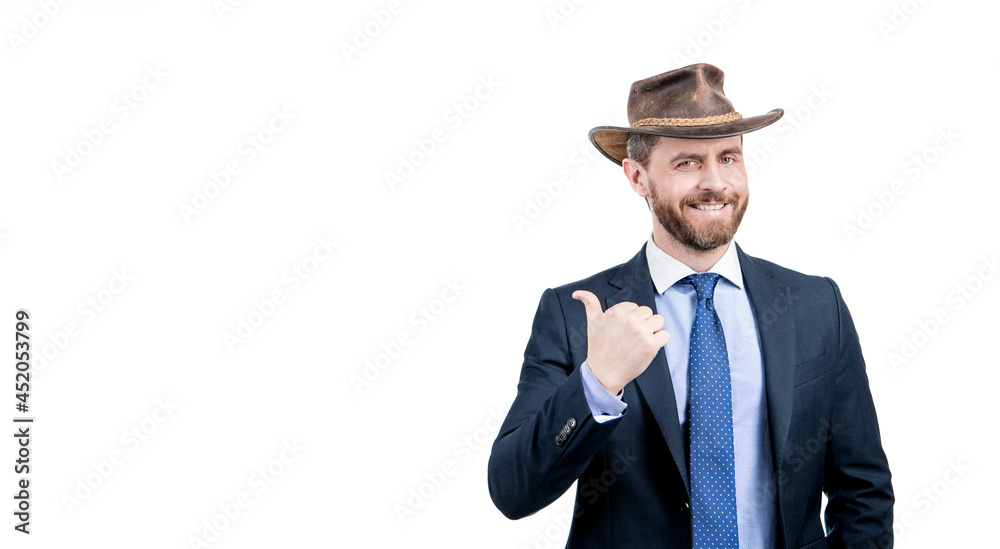 Look at this. Advertising man point finger aside. Advertising expert in cowboy hat Look at this. Advertising man point finger aside. Advertising expert in cowboy hat