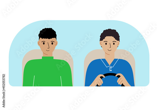 Illustration of two men in the car behind the windshield.