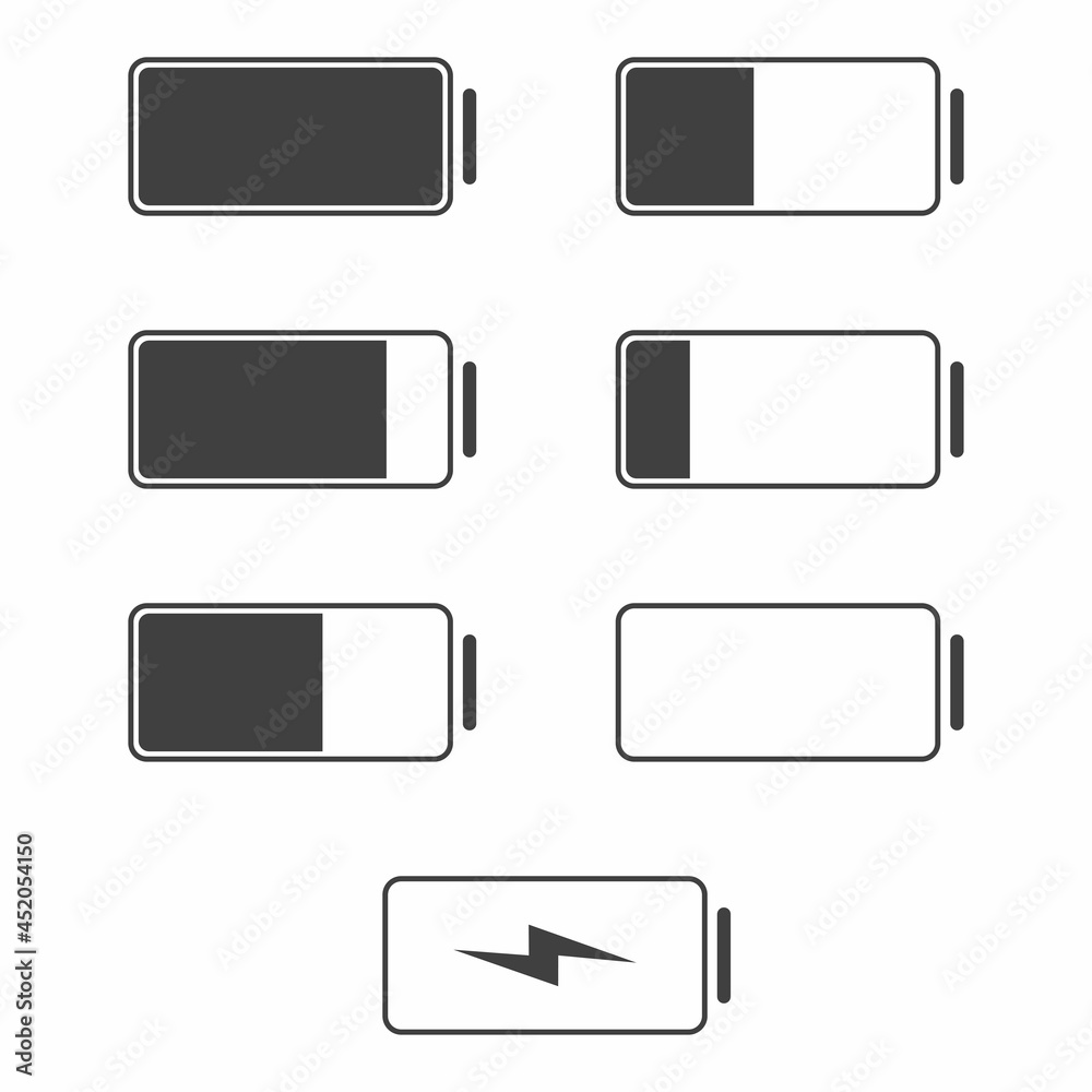 Battery charge indicators set. Symbol of different level of accumulator charge. Discharged and fully charged battery. Car, smartphone, laptop, wireless charging energy monochrome battery sign. Vector Battery charge indicators set. Symbol of different level of accumulator charge. Discharged and fully charged battery. Car, smartphone, laptop, wireless charging energy monochrome battery sign. Vector