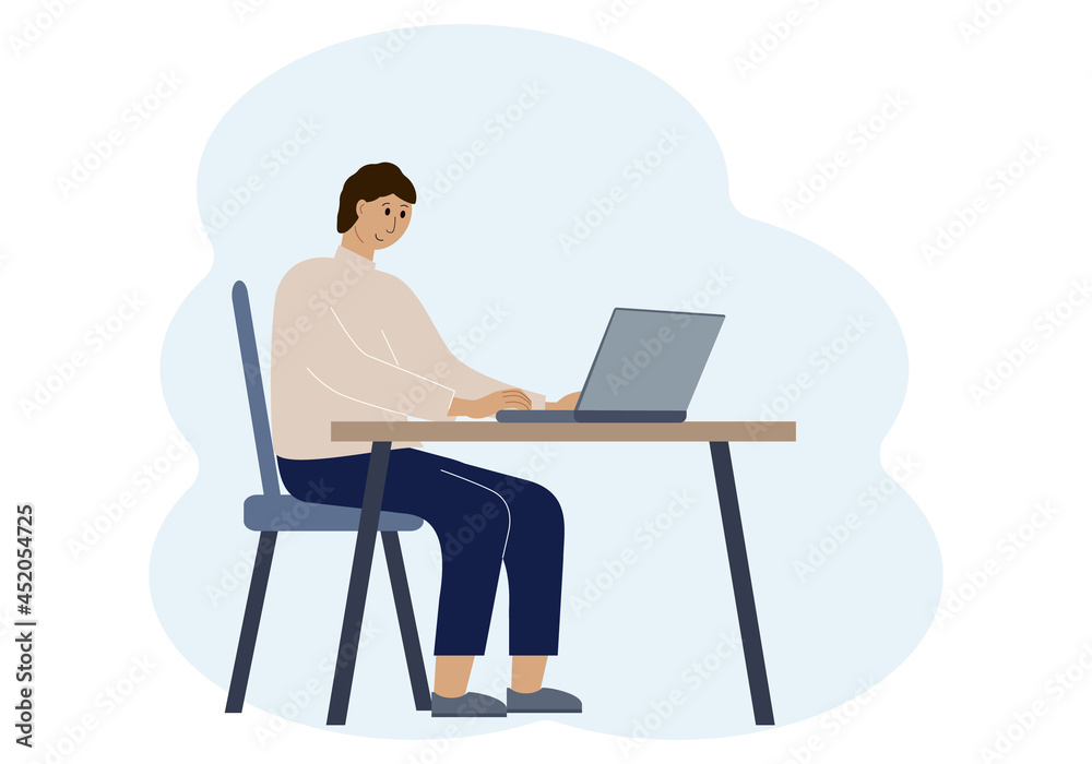 Illustration of a man in a workspace with a laptop. Online work or education concept Illustration of a man in a workspace with a laptop. Online work or education concept