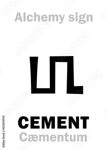 Alchemy Alphabet: CEMENT (Cæmentum "crushed stone, broken stone"), binder powdery substance made with calcined lime and clay, used for construction that sets and hardens. Alchemical Medieval symbol.
