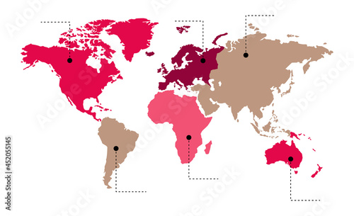 Vector illustration. Info graphics. The world map is divided into six continents in beige and pink colors: North America, South America, Africa, Europe, Asia and Australia, Oceania. No inscriptions.
