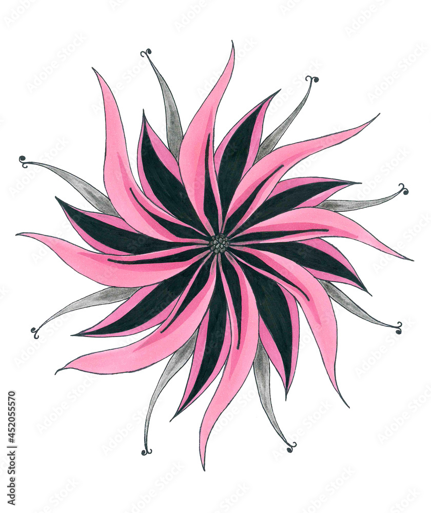 Bright tropical flower in stylish colors. Curved petals create a rotating effect. Black centers add volume and depth to the pattern. Delicate floral ornament for tattoo or print, for warm summer mood.