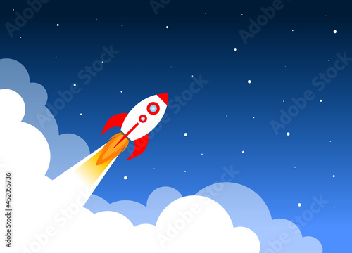 Cartoon rocket take off on dark blue background. Spaseship astronave flat icon design. Start up, business growth, project management, market launch product concept. Vector illustration.