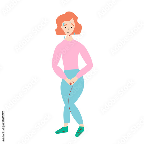 Urinary incontinence problem. Woman hands holding her crotch, Female want to pee all the time. Isolated on white background. Vector illustration.