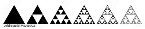 Evolution of the Sierpinski triangle. Steps constructing mathematical geometric endless fractal Sierpinski gasket. Pyramid with an infinite pattern isolated on white
