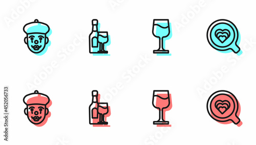 Set line Wine glass, French mime, bottle with and Coffee cup icon. Vector