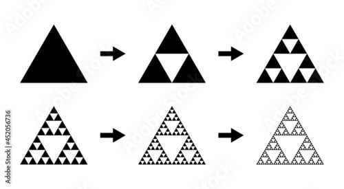 Evolution of the Sierpinski triangle. Steps constructing mathematical geometric endless fractal Sierpinski gasket. Pyramid with an infinite pattern isolated on white