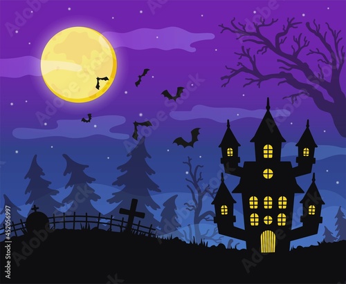 Halloween background with a haunted house and a cemetery. Vector illustration of a spooky abandoned house.