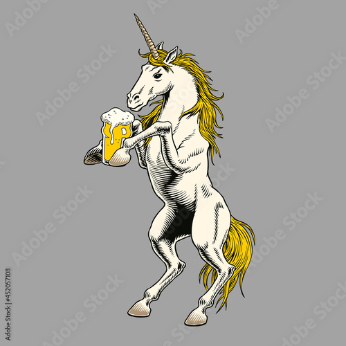 Unicorn drinking beer, isolated on white background. Funny royal heraldic symbol. Rearing horse. Comic style vector illustration.