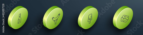 Set Isometric line Tabasco sauce, Sausage on the fork, Ice cream and Cracker biscuit icon. Vector