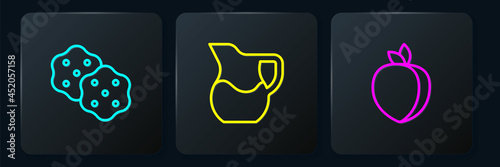 Set line Cracker biscuit, Plum fruit and Jug glass with milk. Black square button. Vector