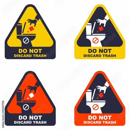 the sticker does not throw the trash into the toilet. set of warning signs for the toilet. flat vector illustration.