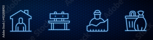 Set line Growth of homeless, Shelter for, Bench and Trash can. Glowing neon icon on brick wall. Vector