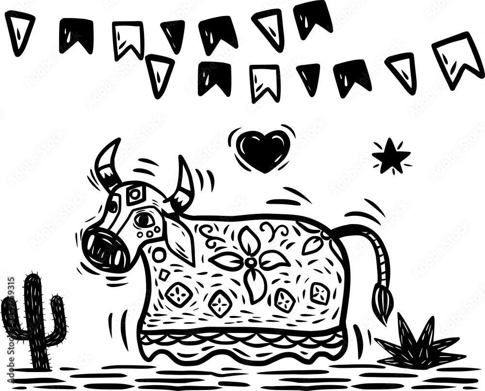 Festa tradicional brasileira. Boi bumbá no estilo xilogravura e ...