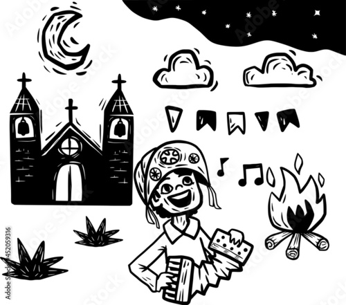 xilogravura festa junina em cidade do interior do Brasil. Estilo literatura de cordel com sanfoneiro
