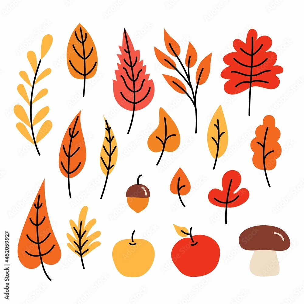 Colorful autumn leaves. Autumnal yellow leaf, forest nature orange leafage and september red leaves. Apples, acorn and white mushroom or foliage leaf. Flat isolated icons vector set