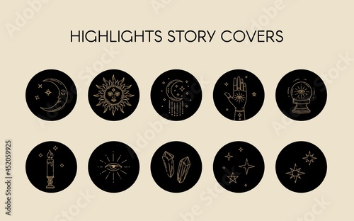 Vector set of icons and emblems for social media celestial stories highlight covers - design templates. Abstract design golden elements on black circle background  