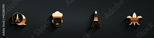 Set Eiffel tower, Cook, and Fleur De Lys icon with long shadow. Vector