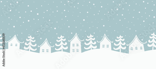 Christmas background. Winter landscape. Seamless border. There are white houses and fir trees on a gray-blue background. Winter village. Vector illustration