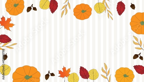 Bright colored autumn leaves and orange pumpkins around border of illustration making a frame, on white and grey striped background. Fall, seasonal, Thanksgiving. Copy space.
