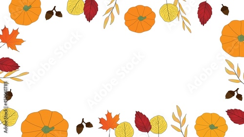 Bright colored autumn leaves and orange pumpkins around border of illustration making a frame, on white background. Fall, seasonal, Thanksgiving. Copy space.