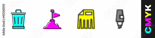 Set Trash can, Mountains with flag on top, Paper shredder and Marker pen icon. Vector