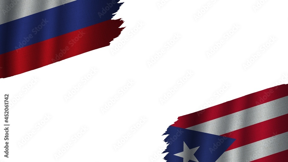 Naklejka premium Puerto Rico and Russia Flags Together, Wavy Fabric Texture Effect, Obsolete Torn Weathered, Crisis Concept, 3D Illustration
