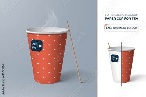 Realistic mockup of 3d red paper teacup or coffee cup with steam and stir stick. Template for identity design with vector mock-up of drink packaging. Easy to change color. Isolated from background.
