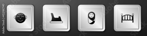 Set Little boy head, Baby potty, Newborn baby infant swaddled and crib cradle bed icon. Silver square button. Vector