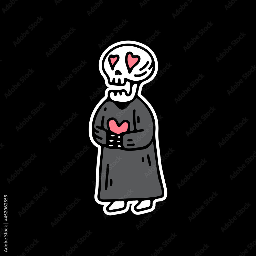 Skull praying with heart. illustration for t shirt, poster, logo, sticker, or apparel merchandise.