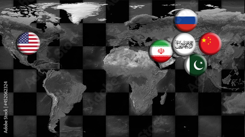 Afghanistan (Taliban) , USA, China, Russia, Iran and Pakistan Flags on world map with chessboard.