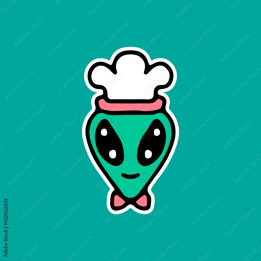 alien head with chef hat. illustration for t shirt, poster, logo, sticker, or apparel merchandise. alien head with chef hat. illustration for t shirt, poster, logo, sticker, or apparel merchandise.