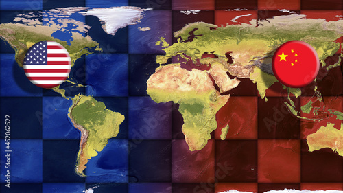 United States of America (USA) and China Flags on World Map with Chessboard Symbolizing Geopolitical Strategy, Global Power Disputes and International Relations