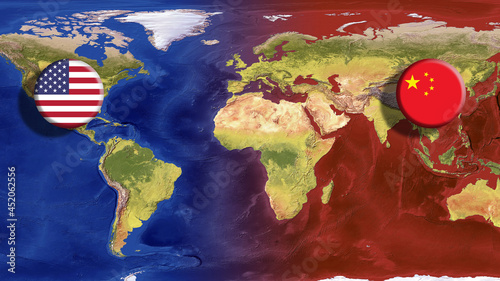 United States of America (USA) and China Flags on World Map Representing International Relations, Geopolitical Disputes, Global Confronts and Strategic Power Balance