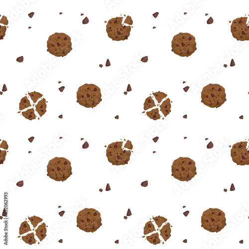 Seamless pattern with chocolate chip cookies on a white background. Vector illustration in minimalistic flat style, hand drawing. Kitchen print for textiles, print design, postcards, menus