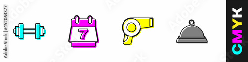 Set Dumbbell, Hotel booking calendar, Hair dryer and Covered with tray of food icon. Vector