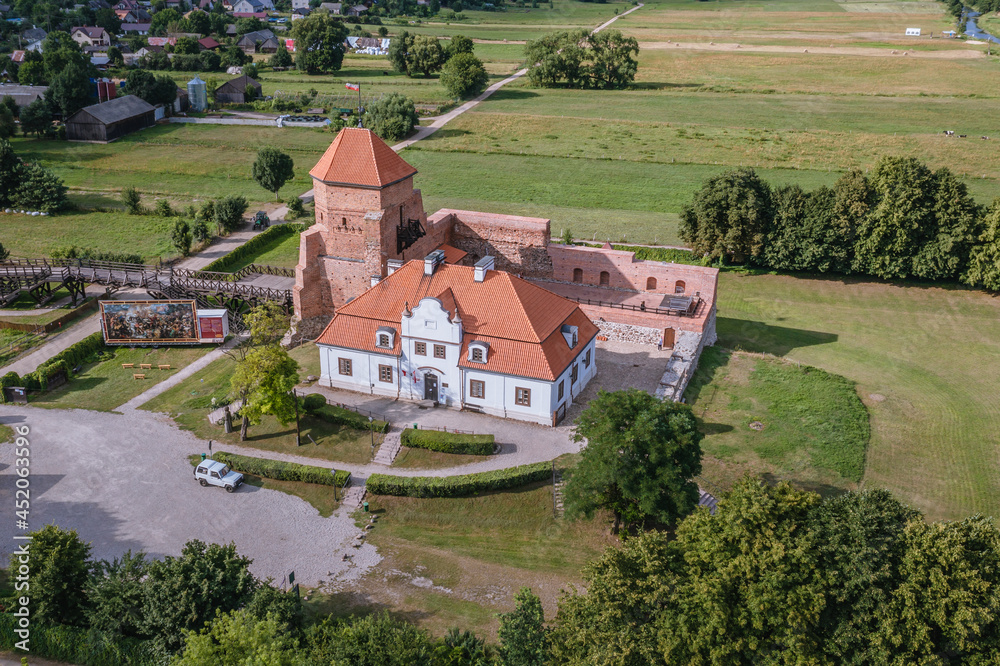 Drone photo of medieval castle in Liw, small village in Wegro County, Masovia region of Poland