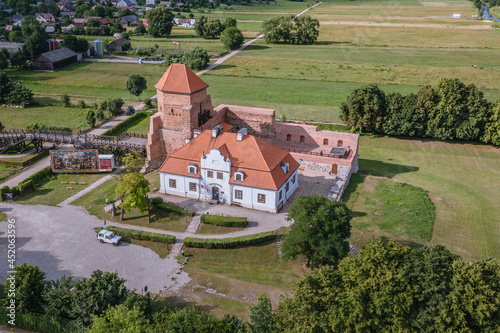 Drone photo of medieval castle in Liw, small village in Wegro County, Masovia region of Poland photo