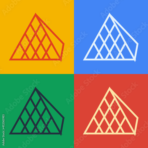 Pop art line Louvre glass pyramid icon isolated on color background. Louvre museum. Vector