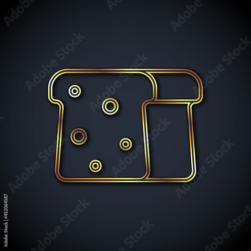 Gold line Bread toast for sandwich piece of roasted crouton icon isolated on black background. Lunch, dinner, breakfast snack. Vector
