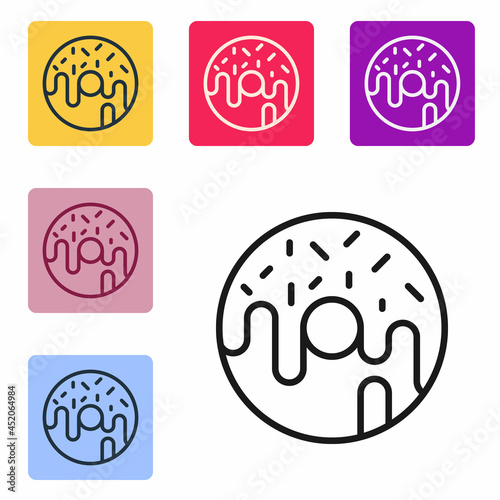 Black line Donut with sweet glaze icon isolated on white background. Set icons in color square buttons. Vector