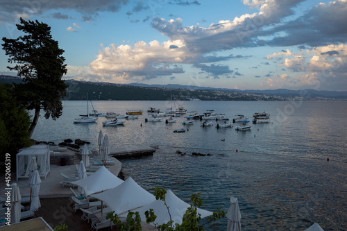 Rijeka, Croatia - August 11, 2021: Evening sea view. Boats and yachts in the bay of the resort on the Adriatic Sea.