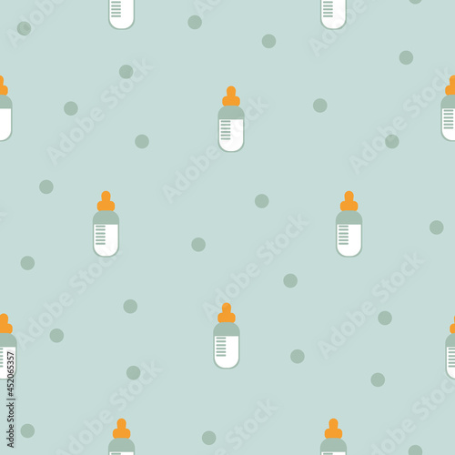 Seamless pattern with milk bottles on a blue background with polka dots. Newborn nutrition sample. Children s pattern in the style of minimalism. Vector flat illustration for print design, textile