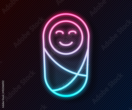 Glowing neon line Newborn baby infant swaddled or swaddling icon isolated on black background. Baby kid child wrapped in blanket clothes. Vector