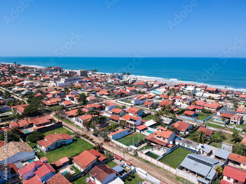 Aerial view of Saquarema and Itaúna beach in Rio de Janeiro. Famous for the waves and the church on top of the hill. Sunny day. drone photo. photo