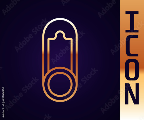 Gold line Baby clothes pin icon isolated on black background. Classic closed steel safety pin. Vector